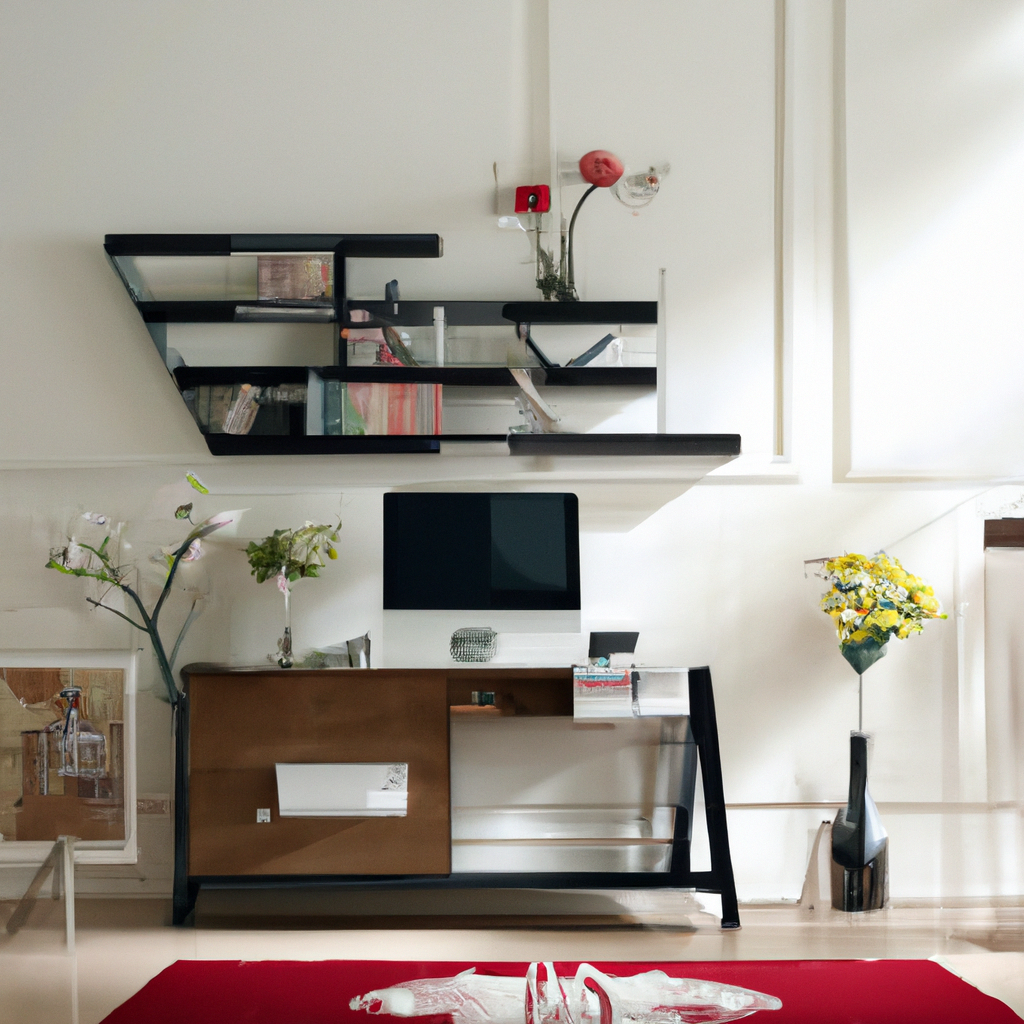 Intérieur moderne avec étagères noires, meuble en bois, fleurs, ordinateur, ambiance épurée et lumineuse.