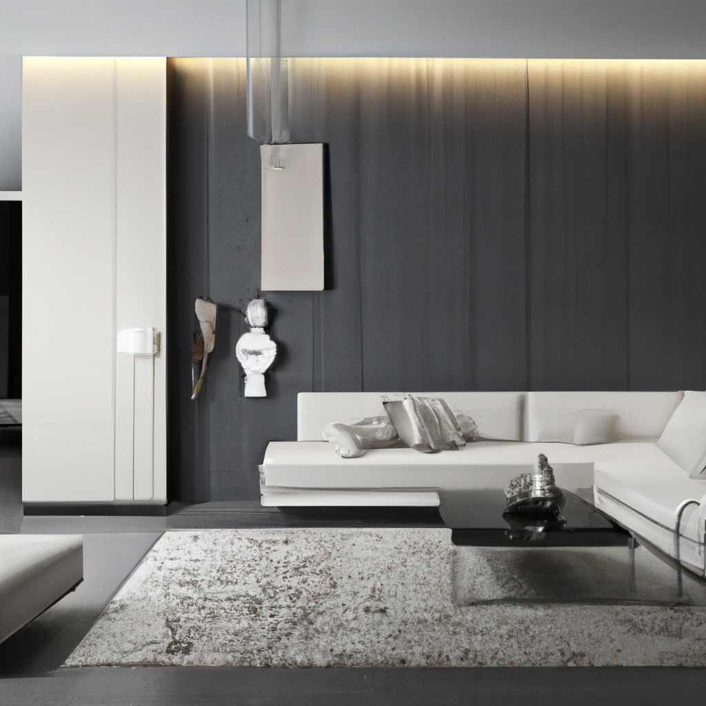 Salon moderne en noir et blanc, canapé épuré, tapis texturé, ambiance minimaliste et élégante, éclairage doux.