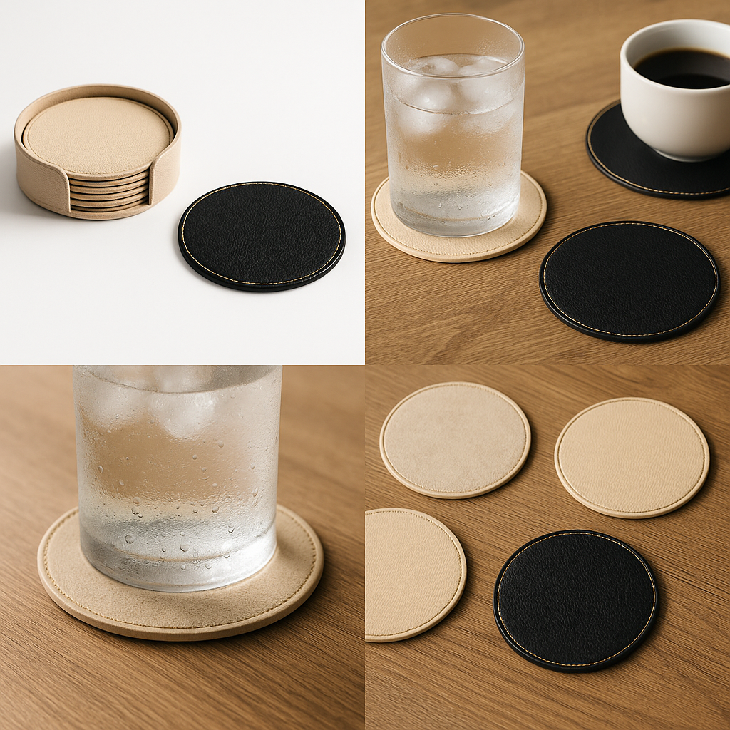 Dessous de verre en similicuir beige et noir, imperméables et antidérapants, protégeant une table en bois.