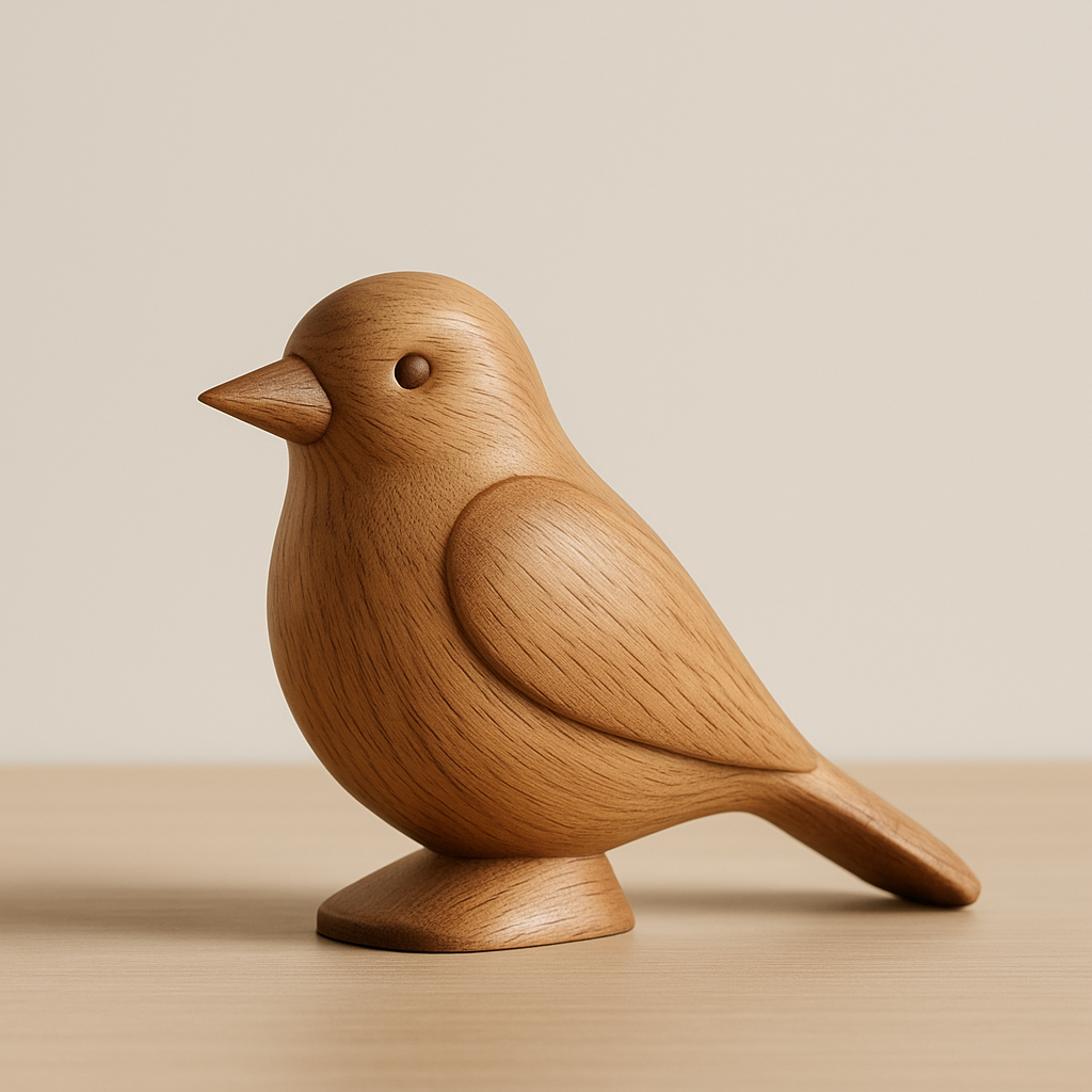 Figurine oiseau en bois sculpté, finition naturelle, posée sur une table — déco minimaliste scandinave.