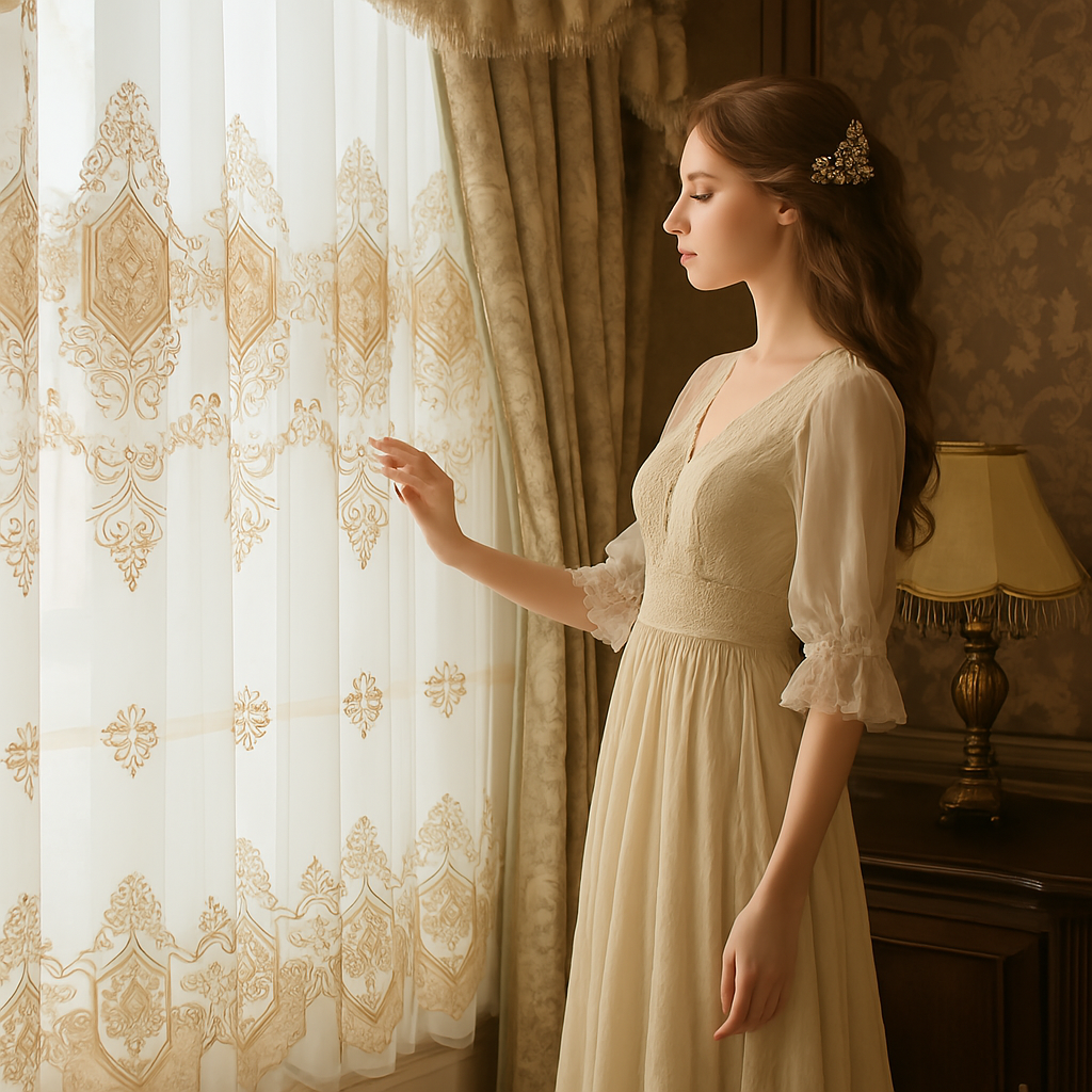Jeune femme gracieuse observant un voilage raffiné à motifs dorés, dans une pièce chaleureuse au style baroque.