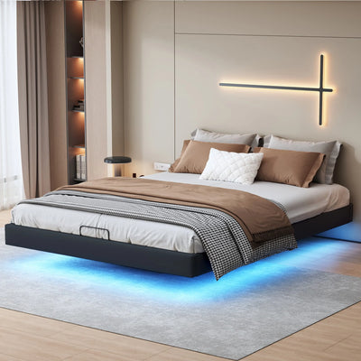 Lit coffre flottant noir/beige avec éclairage LED dans une chambre moderne