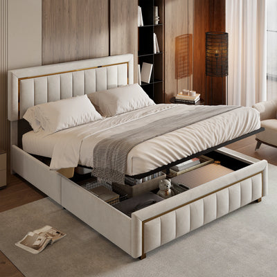 Lit coffre hydraulique velours blanc cassé avec tête de lit dans une chambre moderne