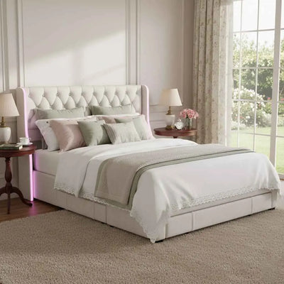Lit double moderne avec tête de lit aile capitonnée en velours beige