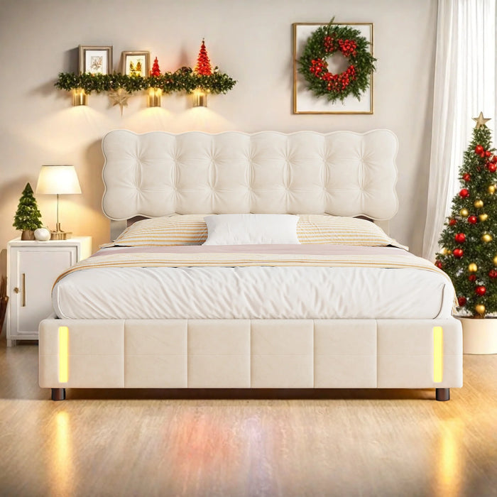 Lit coffre 160x200 beige avec tête de lit et éclairage LED