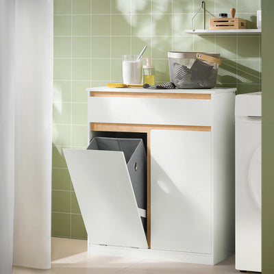 Meuble salle de bain blanc avec panier à linge et tiroir