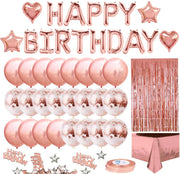 décoration anniversaire ballons or rose lettres happy birthday étoiles rideau frangé moderne festive