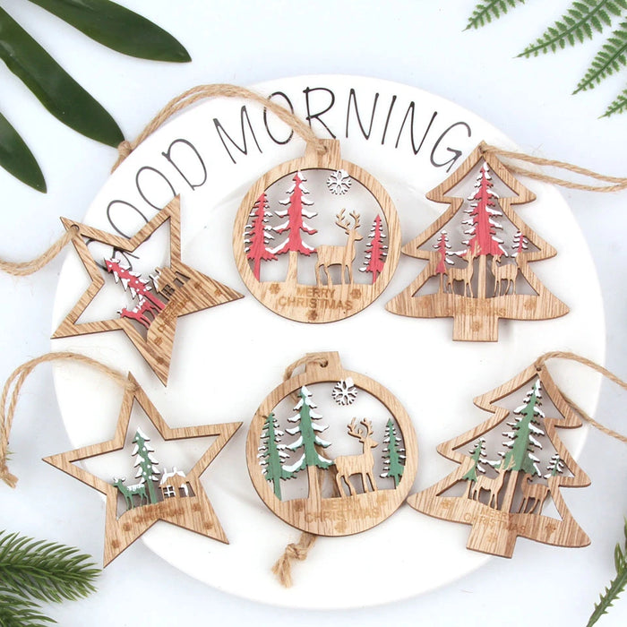 Lot de 6 décorations de Noël vintage en bois imprimé creux - étoile, arbre, boule