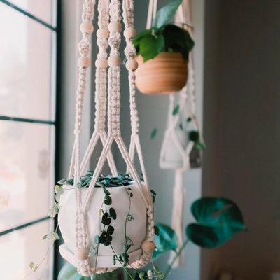 Pot suspendu en macramé gris foncé avec plante verte