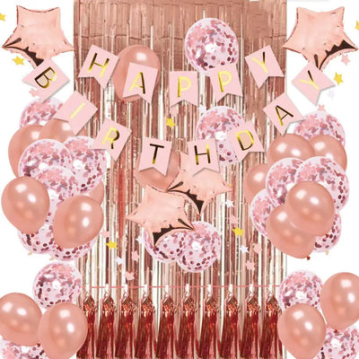Bannière joyeux anniversaire or rose avec ballons