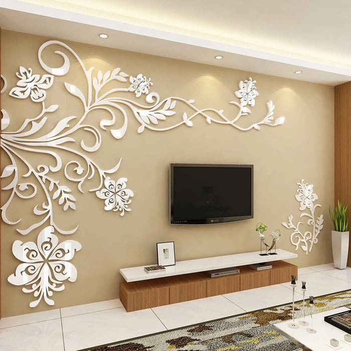 Sticker mural en acrylique miroir avec motif floral pour salon