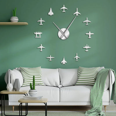 Horloge murale acrylique 3D avion de chasse effet miroir noir