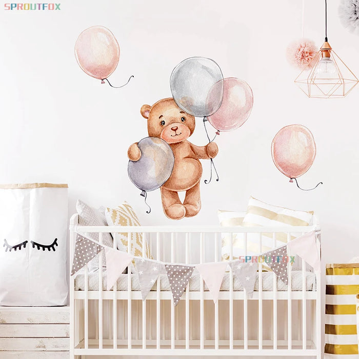 Sticker mural ours brun avec ballon pour chambre bébé
