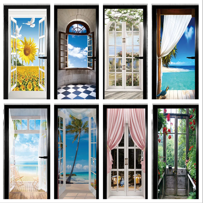 Sticker porte trompe l'oeil paysage saisons cabine téléphonique rouge