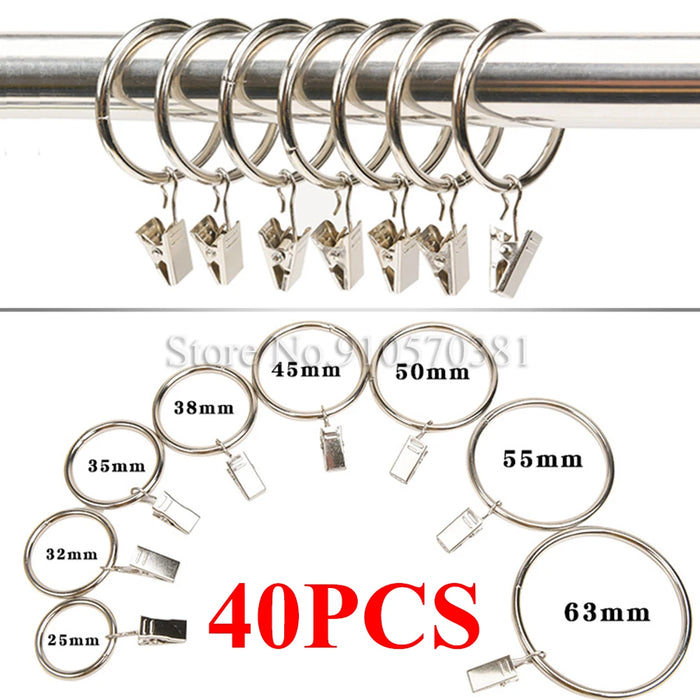Anneaux de rideau avec clips en acier inoxydable argent mat - vue d'ensemble du lot de 40 pièces