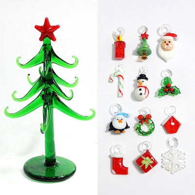 Sapin de Noël en verre artisanal avec ornements pendentifs bleus
