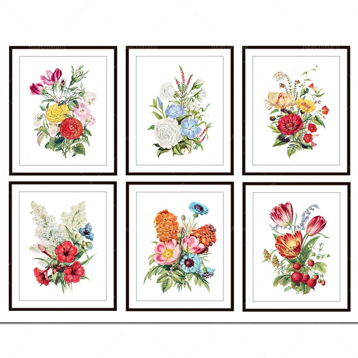 Une magnifique collection d'illustrations botaniques colorées et détaillées de fleurs variées, encadrées avec élégance.