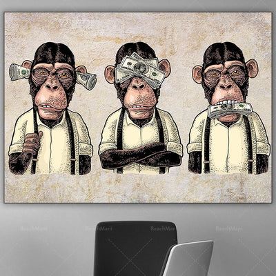 L'image présente trois portraits de chimpanzés dans un style de dessin caricatural. Chacun des chimpanzés porte des accessoires représentant différents aspects du monde des affaires et de la finance.