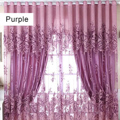 Rideau en tulle jacquard fleuri rouge pour fenêtre française