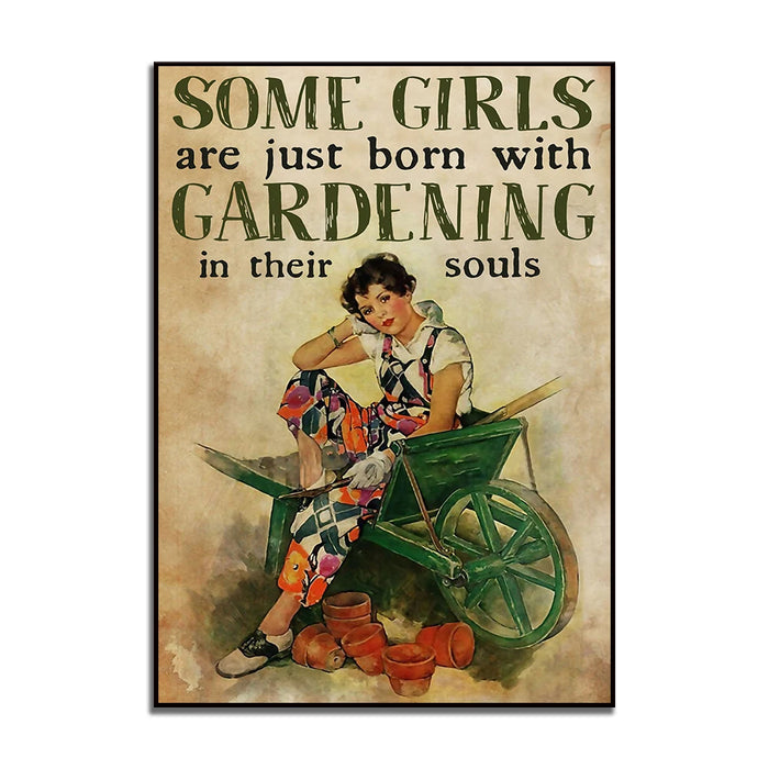Toile d'art vintage illustration femme jardinage pots fleurs pelle verte beige noire blanche