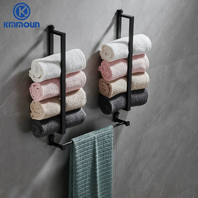 Porte-serviettes de salle de bain noir en aluminium avec crochet intégré