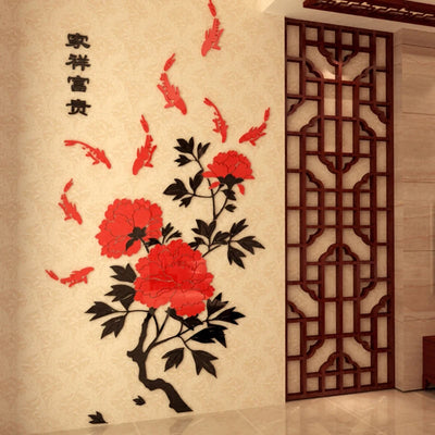 Autocollant mural 3D acrylique pivoine rouge pour décoration salon TV