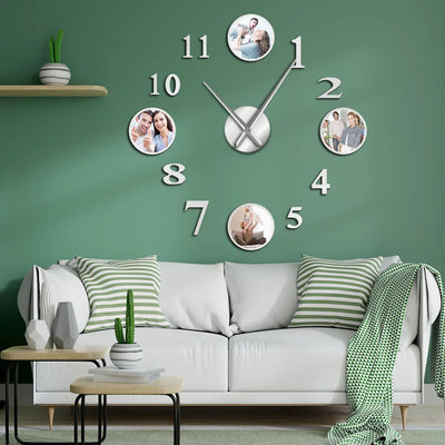 Horloge murale géante personnalisable avec cadre photo argent