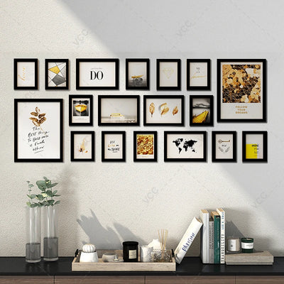 Collection de 18 cadres photo en bois noir et blanc pour décoration murale moderne
