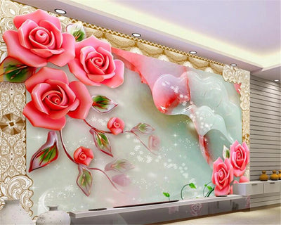 Papier peint 3D gris clair motif roses vigne pour mur TV