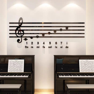 Sticker mural acrylique notes de piano noir sur mur blanc