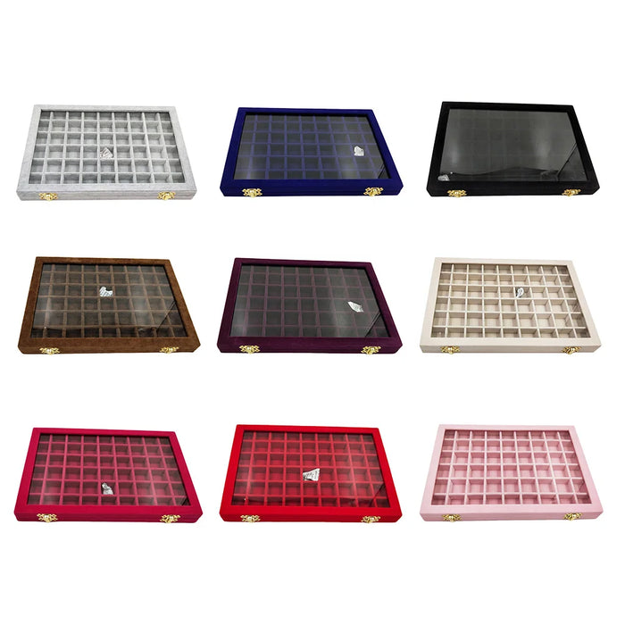 Boîte de rangement bijoux 24 compartiments avec couvercle en verre - vue de face