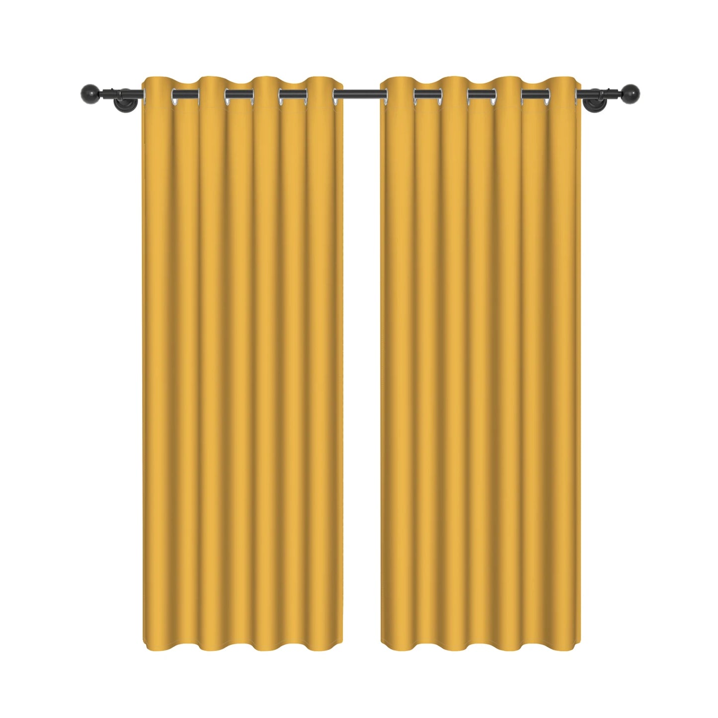 Paire de rideaux jaune moutarde au tombé élégant, conçus avec des œillets pour tringle, vue produit sur fond blanc.
