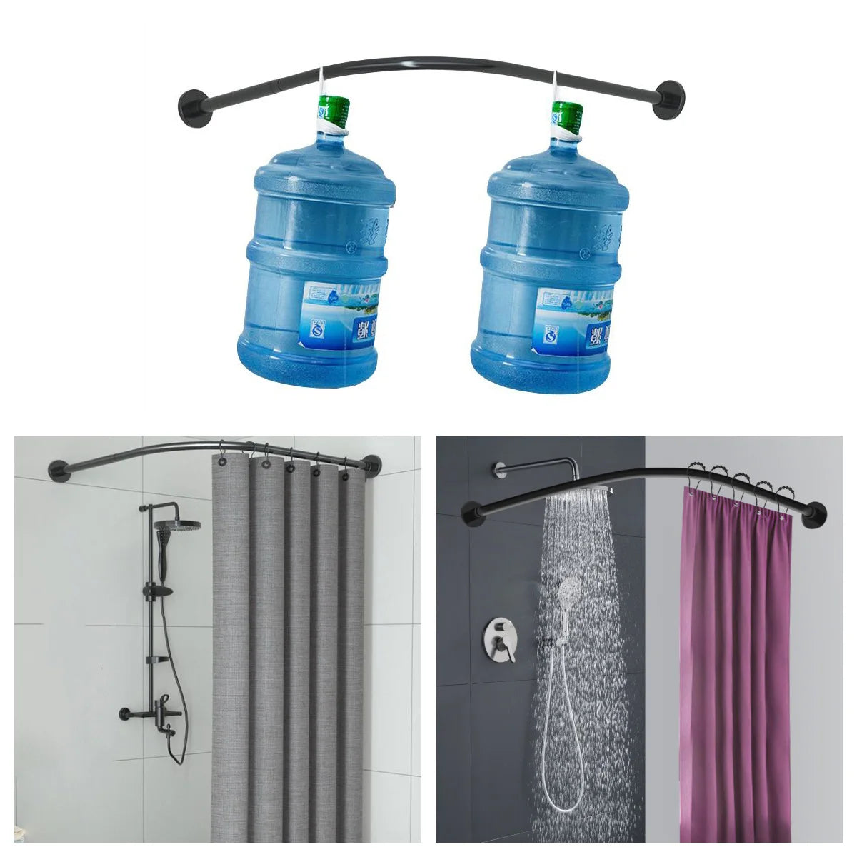 Tringle de douche noire en arc supportant deux bonbonnes d’eau pour démontrer sa solidité