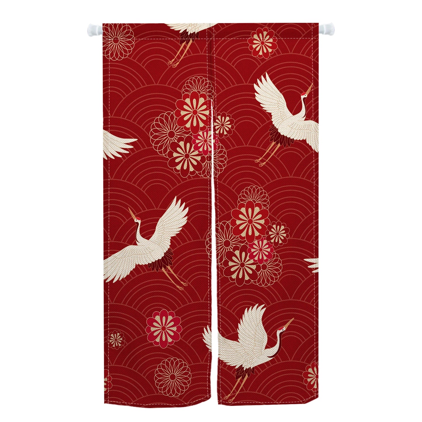 Rideau rouge orné de grues blanches et fleurs stylisées, ambiance japonaise raffinée pour entrée extérieure