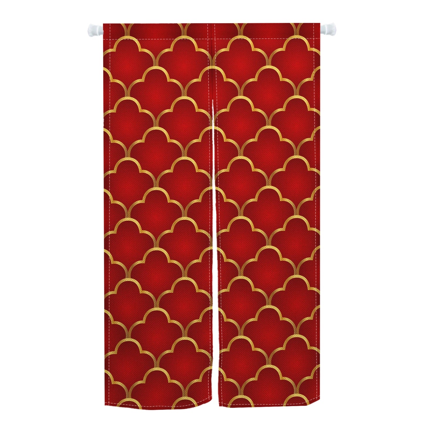 Rideau japonais rouge avec motifs dorés façon écailles traditionnelles, parfait pour sublimer une porte d'entrée