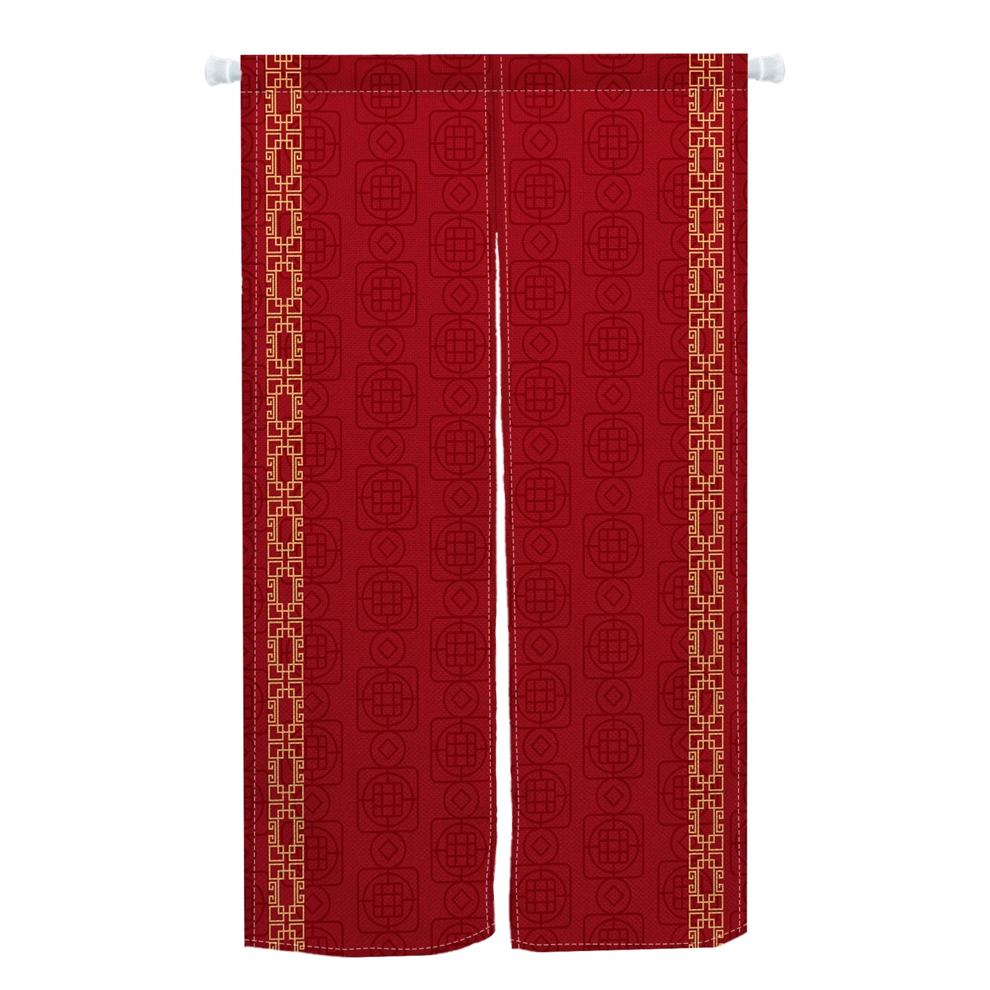 Rideau rouge avec motifs géométriques centrés et lignes dorées sur les côtés, design japonais élégant