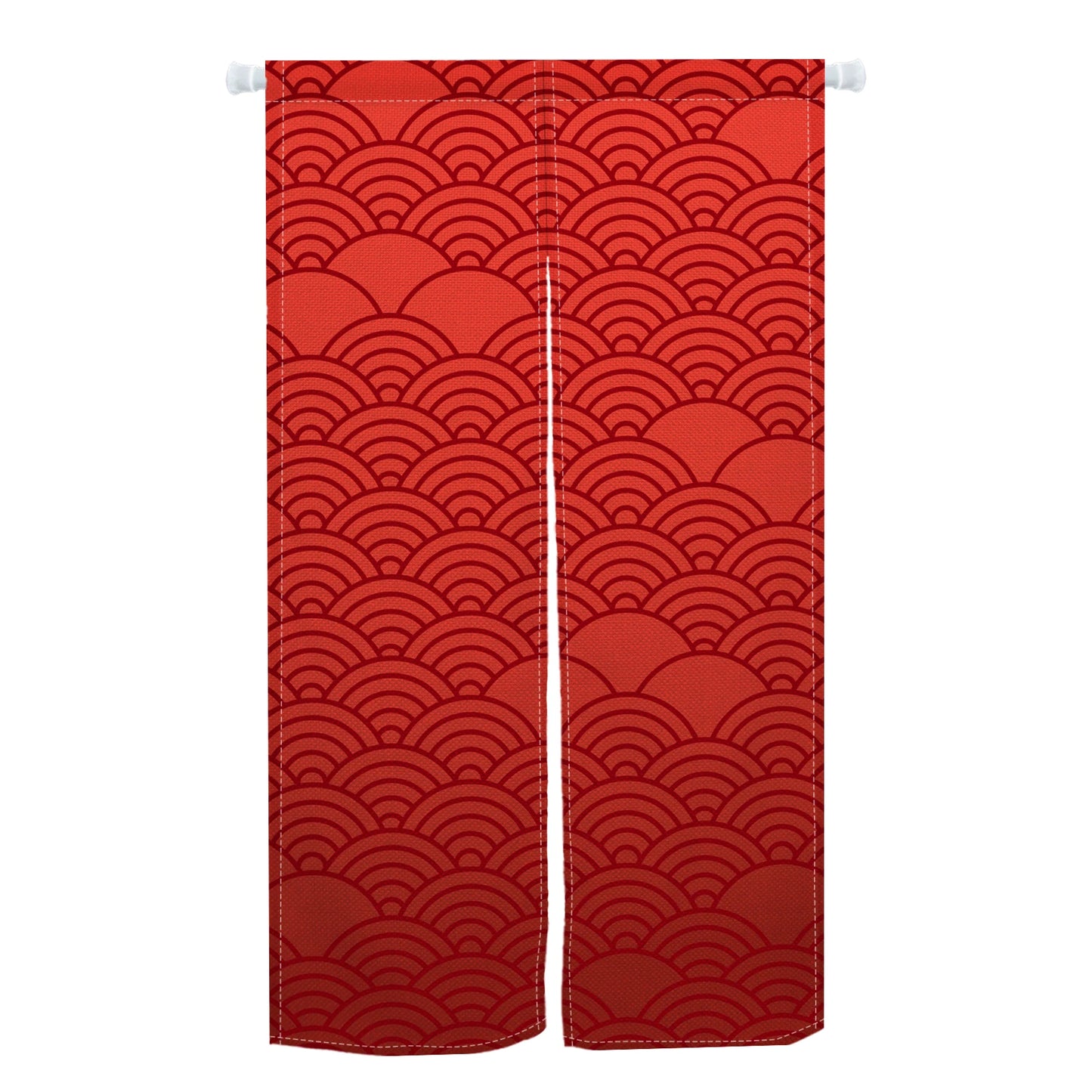 Rideau rouge japonais avec motifs graphiques de vagues Seigaiha, idéal pour porte d’entrée extérieure