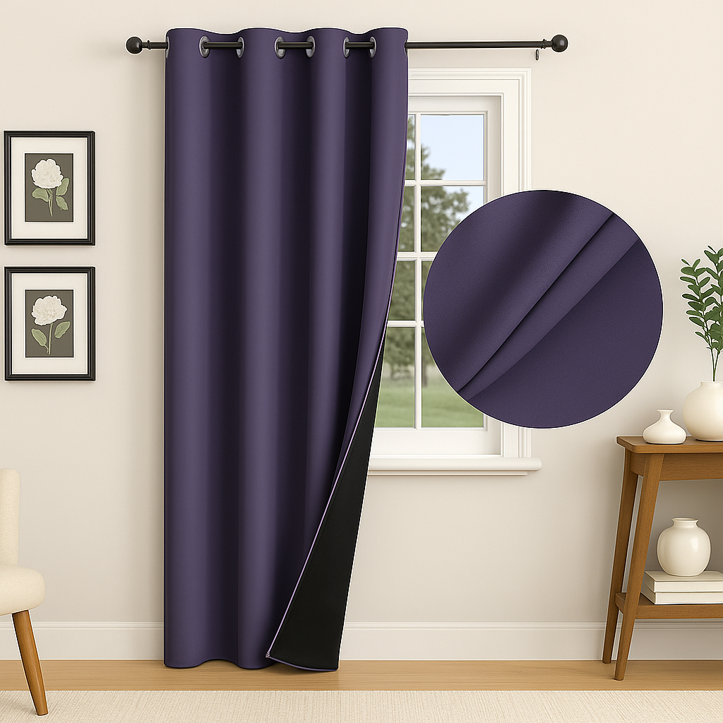Rideau violet foncé occultant installé sur une tringle, partiellement ouvert pour montrer la doublure noire, dans une pièce lumineuse et décorée avec goût.