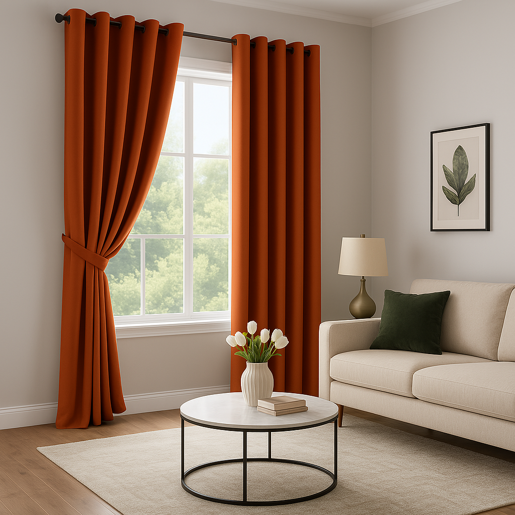 Photographie d’un salon moderne avec des rideaux drapés de couleur terracotta, vue latérale depuis le centre de la pièce, mettant en valeur la luminosité naturelle et le style contemporain.