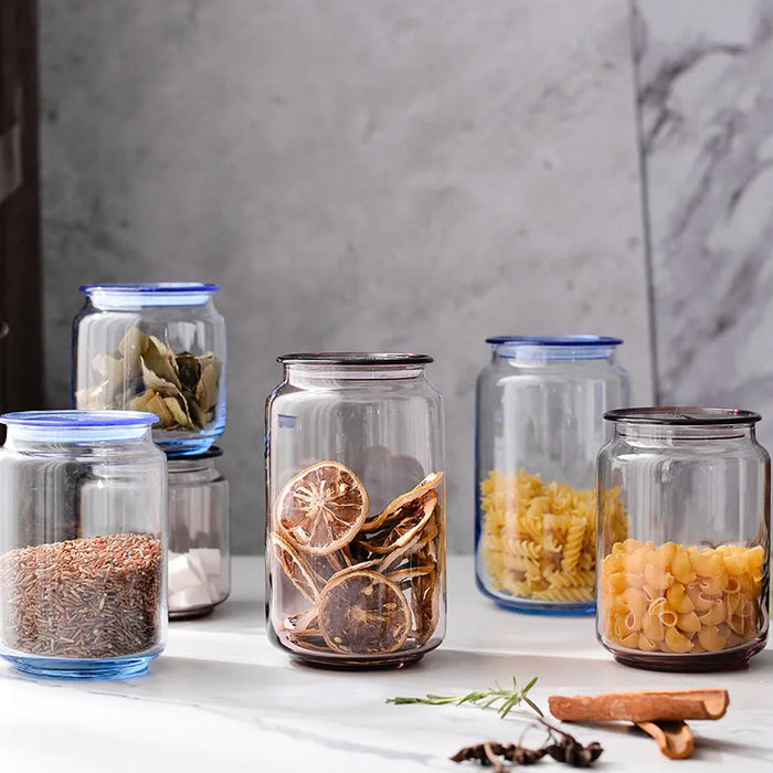 Pot de stockage en verre transparent 1000 ml avec couvercle bleu