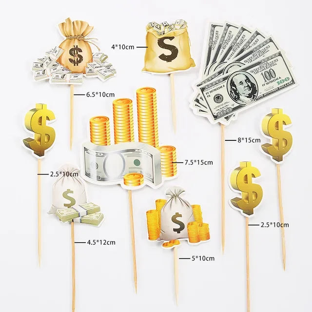 décoration gâteau billets dollars sacs monnaie happy birthday rich pique bois blanc doré