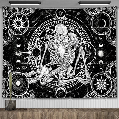 Tapisserie murale crâne gothique noir et blanc motif tarot