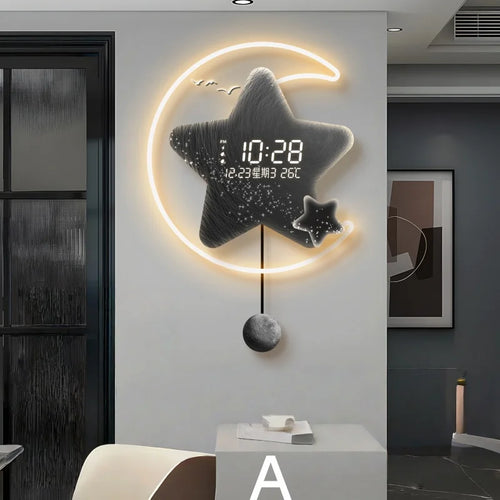 horloge murale moderne lune étoiles motifs galactiques gris blanc doré éclairage cuisine salle manger