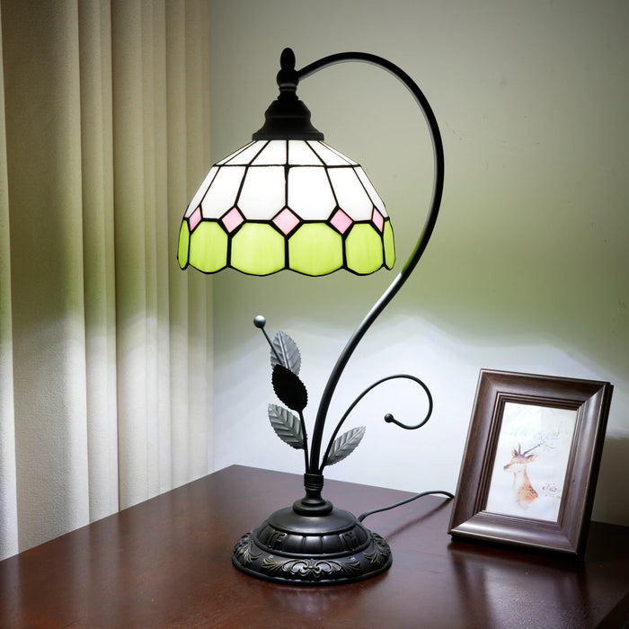 lampe table art nouveau tiffany bleu blanc rouge motifs floraux vitrail opacité interrupteur poussoir