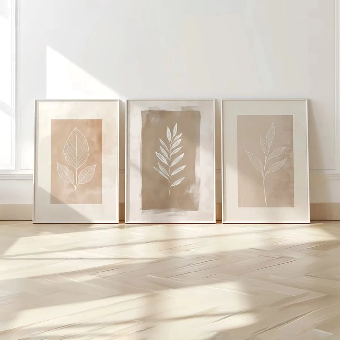 affiche moderne toile abstraite feuilles stylisées beige minimaliste décoration salon chambre imprimée cadre bois