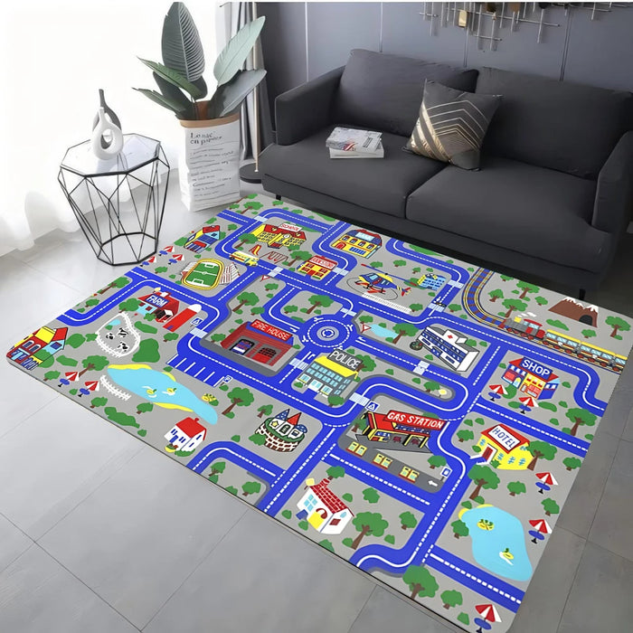 tapis moderne ville miniature bleu vert gris enfant route building voiture avion 60x90cm