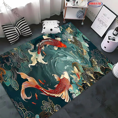 Tapis salon carpe koi 3D blanc motif nuage