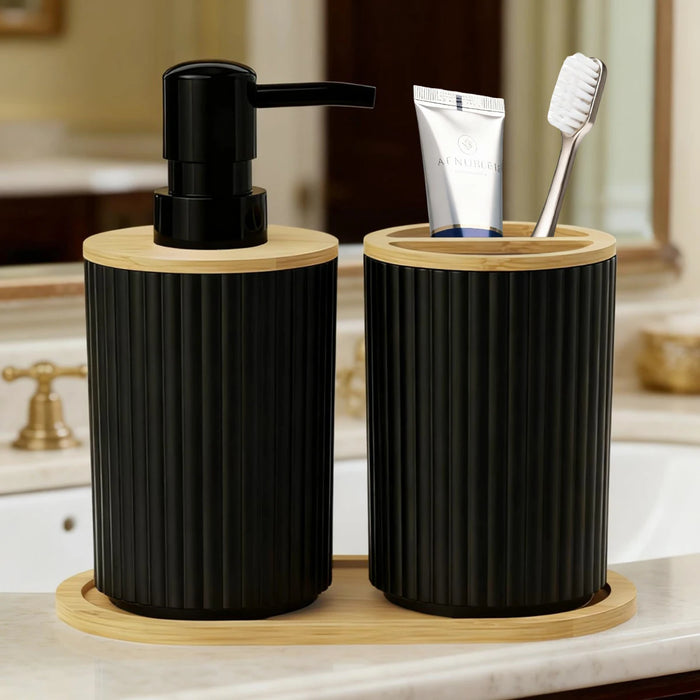 Ensemble accessoire salle de bain noir distributeur savon et gobelets brosse à dents