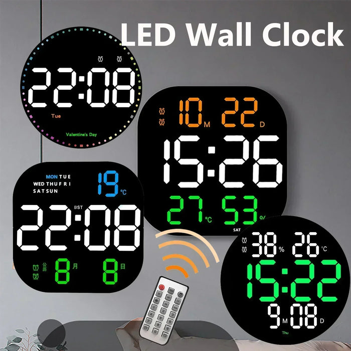 Horloge murale numérique LED noire avec affichage de l'heure et de la température