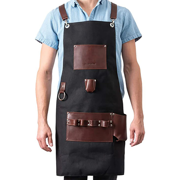 Tablier de cuisine pour homme en cuir et coton noir